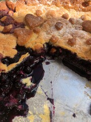Delicious blueberry pie on the table macro 