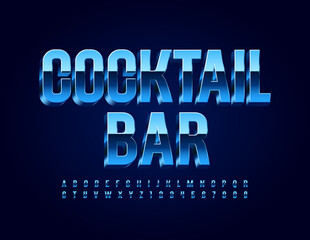 Vector elegant sign Cocktail Bar. Blue Glossy Font. Metallic modern Alphabet Letters ad Numbers