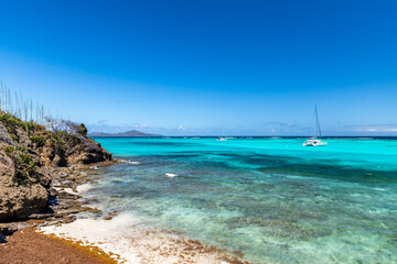 Saint Vincent and the Grenadines, Sailboats on mooring in Tobago Cays