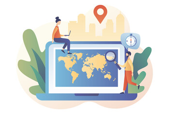 World map. Tiny people study atlas Earth on laptop screen. Geography concept. Globalisation. Modern flat cartoon style. Vector illustration on white background