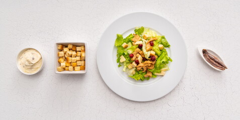 Salad with toast, anchovy and sauce on white plant and white background