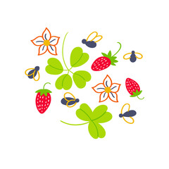 Print for t-shirt midges strawberry flowers and leaves