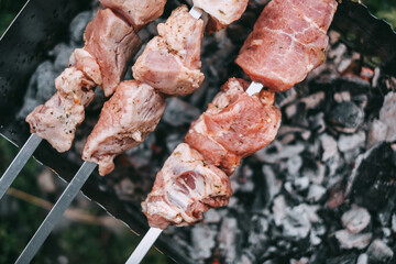 Cooking barbecue skewers. Marinated kebab is grilled on charcoal. Pork Shish kebab cooking outdoor. Close-up 