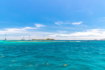 Saint Vincent and the Grenadines, Sailboats on mooring in Tobago Cays