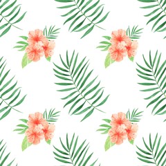 Seamless floral pattern, Tropical pattern. Beach and jungle seamless pattern. Surfing and relax fashion. Rainforest canopy. Green tropical leaves