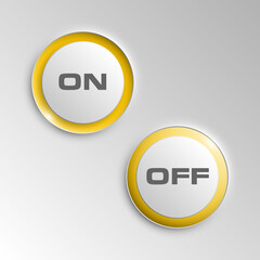 web round button with on off text for website or app. Isolated bell sign with border, reflection and shadow on background.