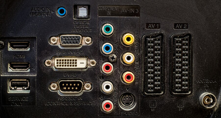 old input output panel on the back of the old television covered with dust