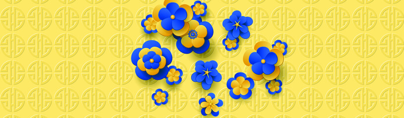 Obraz premium Blue Flower tree on the golden background. Design for Chinese New Year. Vector illustration EPS10