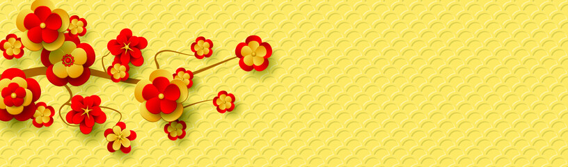 Chinese banner for New Year with a branch of the blossoming tree. Red and gold flowers and Lucky Symbol. Vector EPS10