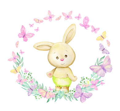A rabbit stands surrounded by butterflies and plants. Round-shaped watercolor frame on an isolated background, in cartoon style.
