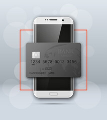 Smartphone banner & credit card. Advertising promo poster phone & bank card icon. Communicator PDA Electronic money funds transfer. Plastic card software. Update banking icon. Debit card with chip