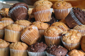 Chocolate and cinnamon muffins on a platter
