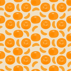 Tangerine and tangerine slices. Seamless vector pattern for design, Wallpaper, packaging, and decoration.
