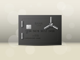 Credit card with Electronic lock picture. Bank door card with image combination lock on front side. Plastic card with steel safe. Debit card with electromagnetic locking devices chip safety