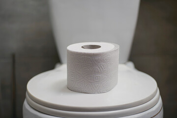 Toilet paper is on the toilet lid in the bathroom.