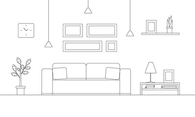 Living room interior in line style design. Outline sketch sofa, vase, table, lamp