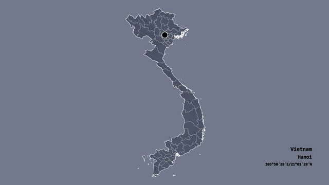 Ki&ecirc;n Giang, province of Vietnam, with its capital, localized, outlined and zoomed with informative overlays on a administrative map in the Stereographic projection. Animation 3D
