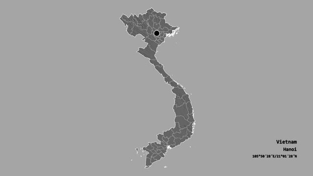 Ki&ecirc;n Giang, province of Vietnam, with its capital, localized, outlined and zoomed with informative overlays on a bilevel map in the Stereographic projection. Animation 3D