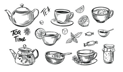 Tea outline set. Tea time. Doodle illustration.