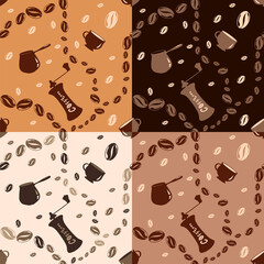 Seamless pattern of coffee beans, cups, coffee grinder, coffee maker.