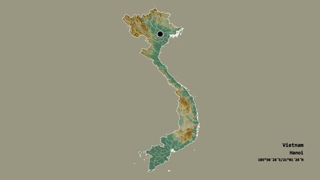 Ki&ecirc;n Giang, province of Vietnam, with its capital, localized, outlined and zoomed with informative overlays on a relief map in the Stereographic projection. Animation 3D