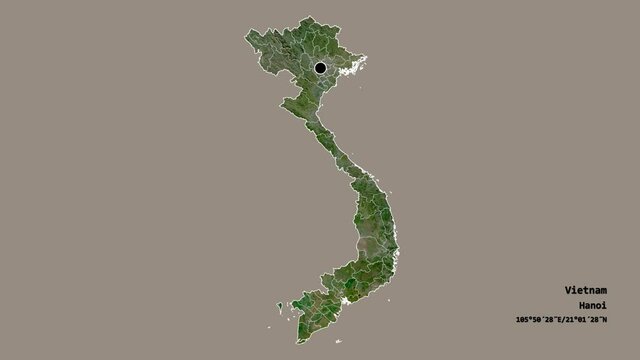 Ki&ecirc;n Giang, province of Vietnam, with its capital, localized, outlined and zoomed with informative overlays on a satellite map in the Stereographic projection. Animation 3D