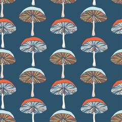Vector seamless colorful pattern with lined mushrooms or fungi in pastel tones