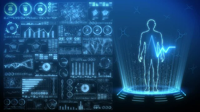 Man virtual body. Human medical hologram animation. Graph, Diagram, Infographic. Medicine and health care concept. User Interface. High tech future loop animation.