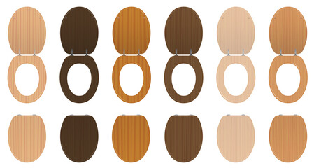 Toilet seats. Wooden set of different textured lavatory lids, lifted up and down - old fashioned collection from trees like walnut, oak, pine or birch. Isolated vector on white.
