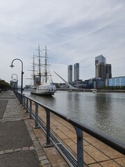 View from Puerto Madero, Buenos Aires. Boat, bridge and Río de La Plata