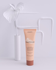 Cosmetic tube Product setting Beauty care branding identity concept, white flower sculpture, minimal light object placement interior, 3d rendering,