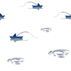 Vector EPS 10 seamless pattern Fisherman in a Boat on white background. There are 2 companion patterns - Fishing on Sunrise on the Lake (artwork) and Birds in the Sky on blue background.