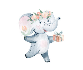 Cute cartoon illustration with baby elephant . Floral frame. Baby shower birthday party invitation. Nursery design