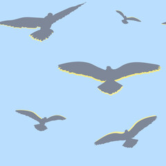 Vector EPS 10 seamless pattern Birds in the Sky on blue background. There are 2 companion patterns - Fishing on Sunrise on the Lake (artwork) and Fisherman in a Boat on white background.