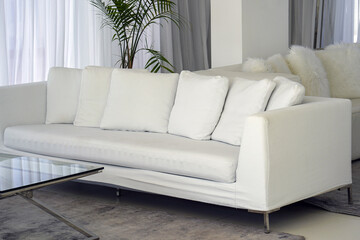 Living room with white sofa in hotel. White concept living room interior. Modern sofa in luxury villa.
