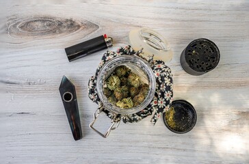 Above shot of Legal Cannabis with weed accessories