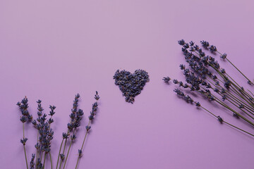 Heart of dried lavender flowers with branches on a purple background, top view, place for the inscription