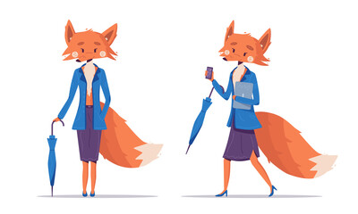 Cute cartoon business fox female character with umbrella in different poses
