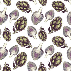  Botanical illustration of a vegetable artichoke, vegetarian pattern on a white background