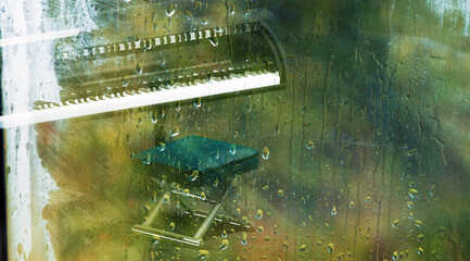 Piano music concept abstract background. 3d illustration.Piano behind the window with water drops on a rainy day.Relax music for travel road.