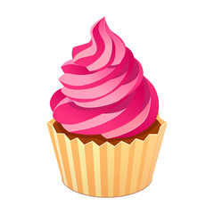 Cupcake with pink cream. Vector illustration isolated on white background.