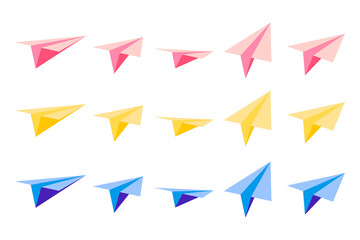 Set of vector cartoon illustrations with origami paper planes with views from different sides on white background.