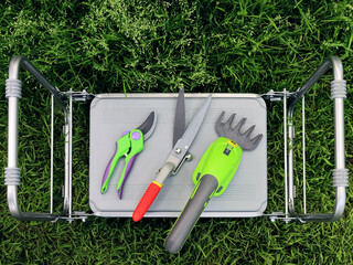 Electric garden trimmer, scissors and pruning shears needed for cutting plants and trees. Flat lay...