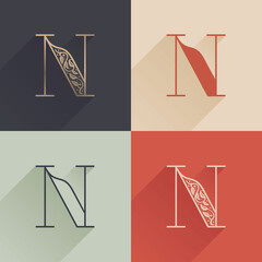 Classic N letter logo with premium decoration. Four style serif font set.