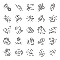 Bacteria, viruses, icon set. Microorganisms various shapes, linear icons. Line with editable stroke