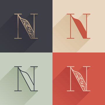 Classic N letter logo with premium decoration. Four style serif font set.