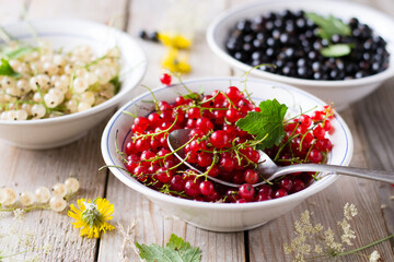 Red, white and black currant in bowls on wooden table