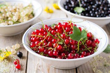 Red, white and black currant in bowls on wooden table