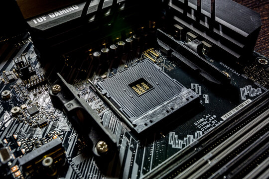 Socket am4 for amd processor on black motherboard asus tuf gaming on the new b550 chipset