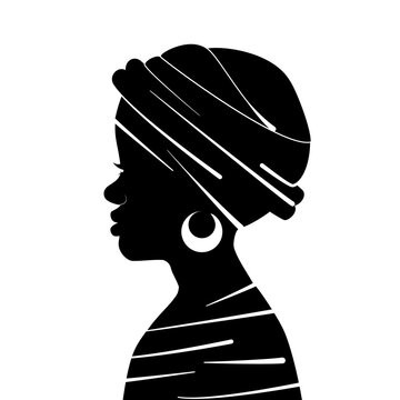 recommend clip art: Black silhouette of an African American young girl. Profile portrait of an African woman in a traditional headdress. Vector illustration of a contour of the head. Drawing isolated on white background